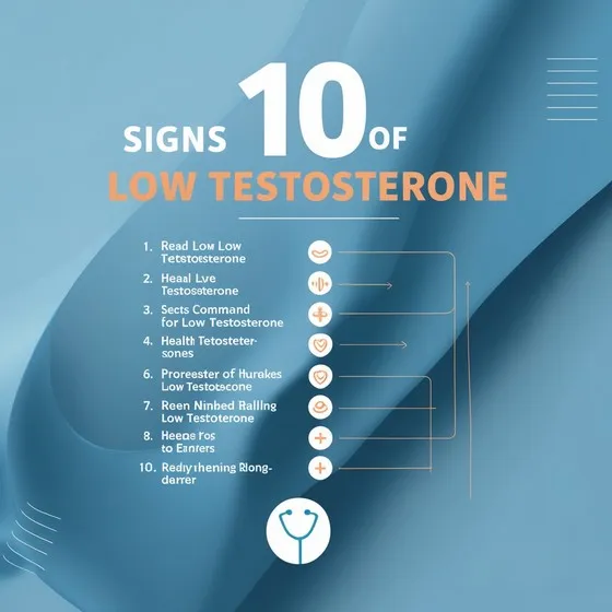 Graphic titled '10 Signs of Low Testosterone.' It lists ten signs associated with low testosterone levels, each with an icon. The background is a gradient of blue shades, with white and orange text. The text appears garbled or misspelled.