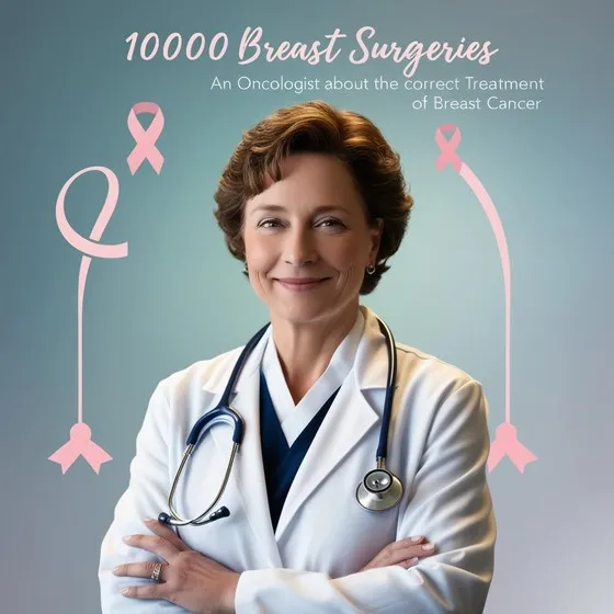 A person wearing a white lab coat and a stethoscope around their neck, suggesting that this person is a medical professional. The person's face is blurred. The background is light blue with pink breast cancer awareness ribbons on either side. The text in the image reads: '10000 Breast Surgeries An Oncologist about the correct Treatment of Breast Cancer.'