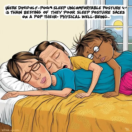 Cartoon illustration showing three people sleeping in an uncomfortable position. The person in the front is lying on their stomach, the person in the middle is lying on top of the first person, and the third person is lying on top of the second person. The text in the image reads: Were dinigolf-poor sleep uncomfortable posture is thain besting of they poor sleep posture saces on a pop their- physical well-being