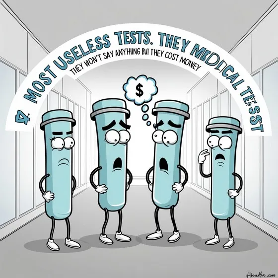 Cartoon illustration featuring four anthropomorphic test tubes standing in a hallway. Each test tube has a facial expression and body language that suggests concern or worry. Above them, there is a banner with text that reads: '4 Most Useless Tests. They Medical Tests. They won't say anything but they cost money.' One of the test tubes has a thought bubble with a dollar sign ($) inside it, indicating a concern about the cost