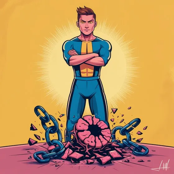 Superhero in a blue and yellow suit with a muscular build, standing with arms crossed. Behind the superhero is a bright yellow background with a radiant halo effect. At the superhero's feet are broken chains and shattered pieces of a brain, symbolizing breaking free from mental constraints