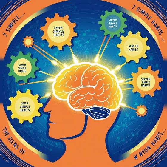 Illustration of a human head with a brain highlighted in the center. Surrounding the brain are several gears with text inside. The background features a blue and orange color scheme with circuit-like patterns