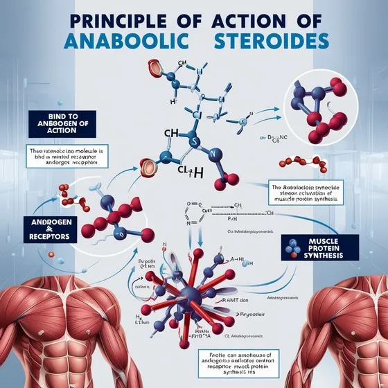 The image is titled 'Principle of Action of Anabolic Steroids.' It visually explains the biochemical process by which anabolic steroids function in the body. The image includes molecular structures, pathways, and muscle diagrams to illustrate how anabolic steroids bind to androgen receptors, leading to muscle protein synthesis.