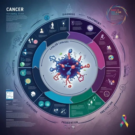 An infographic about cancer, detailing its complexity, causes, diagnosis, treatment, and prevention. The central illustration shows a cancer cell surrounded by various sections explaining different aspects of cancer, including genetic mutations, environmental factors, lifestyle choices, imaging tests, biopsies, laboratory tests, surgery, chemotherapy, radiation therapy, targeted therapy, lifestyle changes, vaccinations, regular screenings, and support and care for survivors