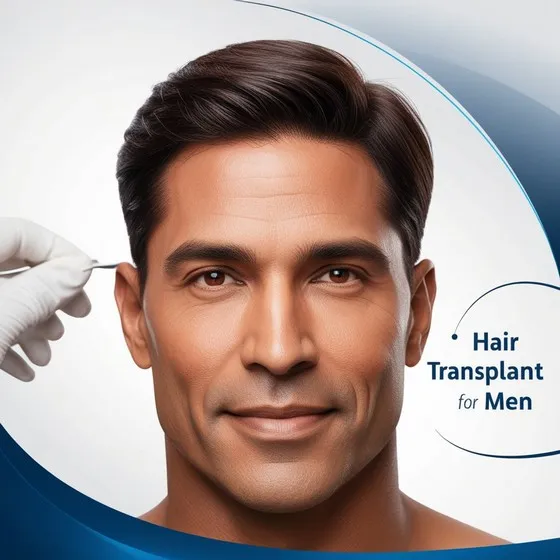 The image shows a person with well-groomed hair, and a gloved hand holding a medical instrument near the person's ear. The text on the image reads 'Hair Transplant for Men.' This image is relevant as it appears to be an advertisement or informational graphic related to hair transplant procedures for men.