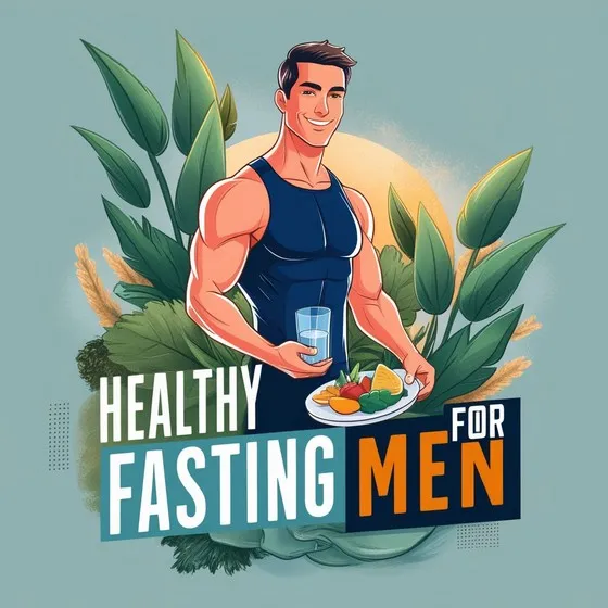 The image shows an illustration of a muscular man wearing a sleeveless shirt, holding a glass of water in one hand and a plate of healthy food in the other. The background features large green leaves and wheat stalks. The text in the image reads: 'HEALTHY FASTING FOR MEN.