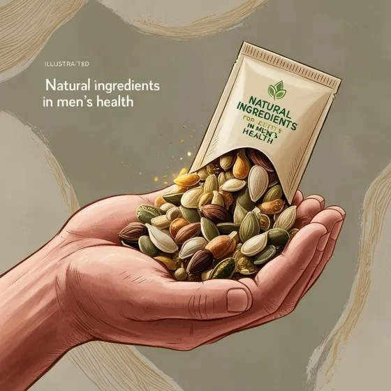 The image shows a hand holding a variety of nuts and seeds spilling out of a packet labeled 'Natural Ingredients for Men's Health.' The text 'Natural ingredients in men's health' is also present in the image.