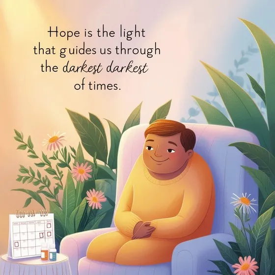 The image shows a person sitting on a chair surrounded by plants and flowers. There is a calendar and some medication bottles on a small table next to the chair. The text in the image reads: 'Hope is the light that guides us through the darkest of times.