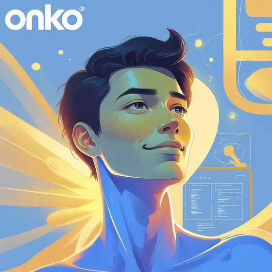 Artistic illustration with a blurred face in the center. The background is predominantly blue with yellow accents. The top left corner has the text 'onko' in white. The illustration features a person with dark hair, and there are abstract elements around the person, including a large yellow shape resembling a light bulb and some technical or schematic drawings on the right side