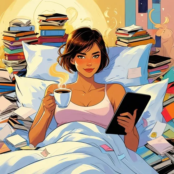 The image shows a person sitting in bed, surrounded by stacks of books and papers. The person is holding a cup of coffee in one hand and a tablet in the other. The background is filled with colorful books and papers, creating a cluttered yet cozy atmosphere. The person appears to be engaged in reading or studying, with a relaxed posture. The scene is illuminated by a warm light, adding to the cozy ambiance