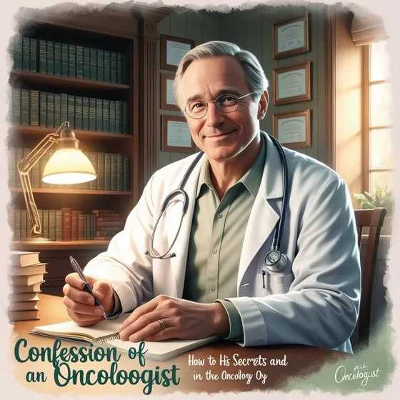 Person in a white lab coat with a stethoscope around their neck, sitting at a desk and writing in a notebook. The background includes a bookshelf filled with books, a desk lamp, and several framed certificates on the wall. The text on the image reads: \u0022Confession of an Oncologist\u0022 and \u0022How to His Secrets and in the Oncology Oy.\u0022 The setting appears to be an office or study, suggesting a professional environment related to medicine or oncology