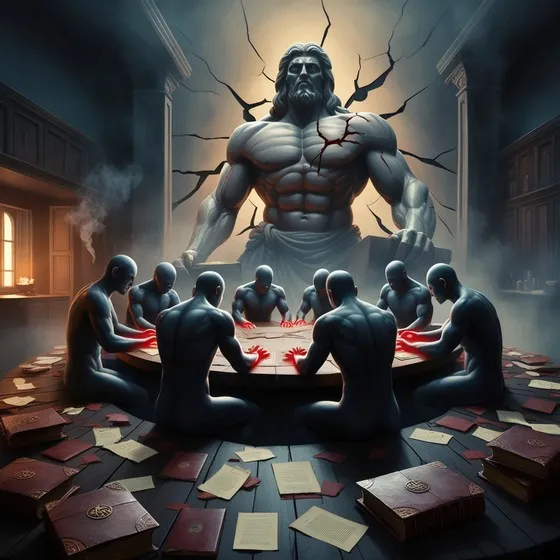 The image depicts a dramatic and surreal scene. In the center, there is a large, muscular statue of a figure with cracks emanating from it, suggesting immense power or a recent impact. Surrounding a round table in front of the statue are eight humanoid figures with smooth, featureless bodies. These figures are seated and appear to be engaged in some form of ritual or meeting, with their hands glowing red as they touch the table. The room is filled with scattered papers and books, adding to the chaotic and intense atmosphere. The setting is dimly lit, with light streaming in from a window on the left side, and the background features dark, ornate walls. Smoke or mist adds to the mysterious and eerie ambiance.