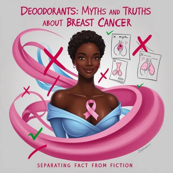 Illustration focused on debunking myths and presenting truths about breast cancer in relation to deodorants. It features a person with a pink ribbon on the chest, symbolizing breast cancer awareness. Surrounding the person are various symbols and drawings, including red X marks and green check marks, indicating myths and facts respectively. The text on the image reads: 'DEODORANTS: MYTHS AND TRUTHS ABOUT BREAST CANCER. Separating Fact from Fiction.' There are also drawings of breasts with annotations, one labeled 'Myths' with a green check mark and another labeled 'Deodorant' with a red X mark.