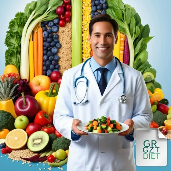 Person wearing a white lab coat and a stethoscope, holding a plate of salad. The person's face is blurred. Behind them, there is a large assortment of fruits and vegetables including carrots, blueberries, corn, apples, kiwi, broccoli, and more. In the bottom right corner, there is a logo with the text 'GRGZT DIET