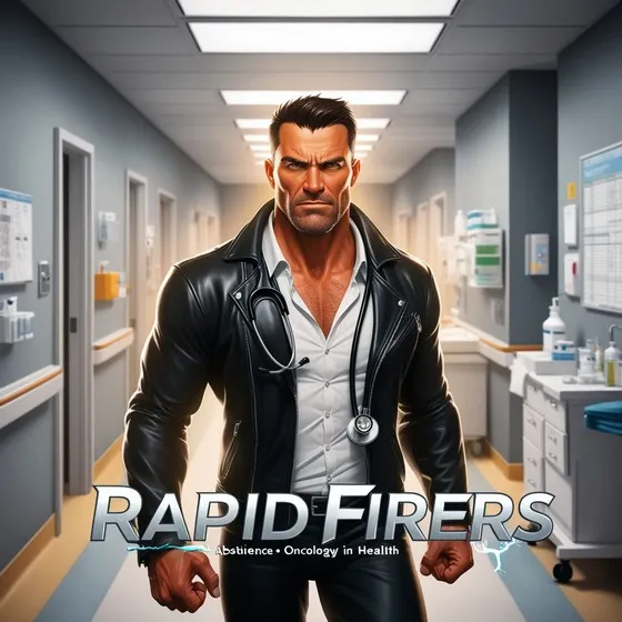 The image shows a muscular individual wearing a black leather jacket over a white shirt, with a stethoscope around the neck, standing in a hospital hallway.