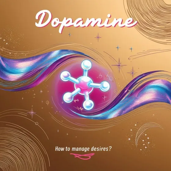 Dopamine, stylized cursive font at the top. Below, a colorful swirling ribbon design in blue, purple, and pink. Center features a dopamine molecule with a central pink sphere and six smaller white spheres. Gold gradient background with abstract sparkles and circular patterns. Text at bottom: 'How to manage desires?' with a pink flourish.