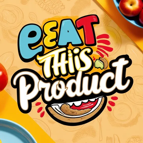 Colorful and playful design with the text EAT THIS Product' prominently displayed in bold, stylized fonts. The word EAt is in blue and yellow, 'THIS' in yellow and white, and 'Product' in white with a black outline. Near the word 'THIS' is a small illustration of a taco or sandwich with red sauce and green filling. The background is light orange with subtle food-related patterns, including outlines of various foods and utensils. Fruits and plates are partially visible around the edges, enhancing the food theme.