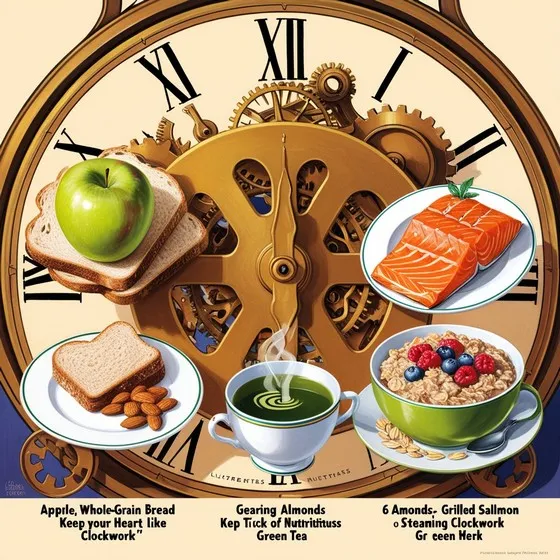 A large clock with Roman numerals and intricate gears in the background. In front of the clock, there are four different food items displayed in separate sections: an apple with whole-grain bread and almonds, a cup of green tea, grilled salmon on a plate, and a bowl of oatmeal with berries and almonds. The text at the bottom of the image reads: 'Apple, Whole-Grain Bread Keep your Heart like Clockwork,' 'Gearing Almonds Keep Tick of Nutritituss Green Tea,' and '6 Amonds. Grilled Salmono Steaning Clockwork Gr ceen Merk.