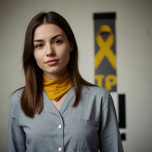 The image shows a person wearing a light blue button-up shirt with a pocket on the left side and a yellow scarf around the neck. In the background, there is a vertical banner with a yellow ribbon and the letters 'TP' on it. The banner has a grey and black color scheme. The yellow ribbon is a symbol often associated with various causes and awareness campaigns.