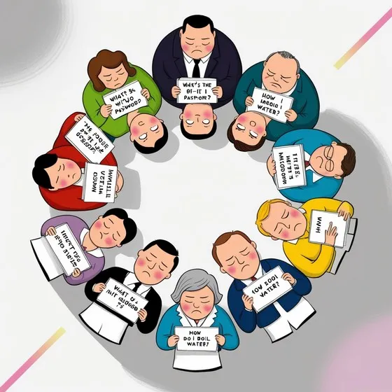 The image shows a group of cartoon characters arranged in a circle, each holding a sign with a question or statement. The questions and statements on the signs are as follows:\n\n1. \u0022WHAT\u0027S THE WIFI PASSWORD?\u0022\n2. \u0022HOW DO I BOIL WATER?\u0022\n3. \u0022WHAT\u0027S THE BEST IT PASSWORD?\u0022\n4. \u0022HOW DO I BOIL WATER?\u0022\n5. \u0022WHAT IS THE WIFI PASSWORD?\u0022\n6. \u0022THE ROBOT IS NOT RESPONDING\u0022\n7. \u0022WHAT IS THE WIFI PASSWORD?\u0022\n8. \u0022WHAT IS THE WIFI PASSWORD?\u0022\n9. \u0022WHAT IS THE WIFI PASSWORD?\u0022\n10. \u0022HOW DO I BOIL WATER?\u0022\n11. \u0022WHAT IS THE WIFI PASSWORD?\u0022\n12. \u0022WHAT IS THE WIFI PASSWORD?\u0022