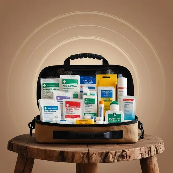 Open first aid kit on a wooden stool containing various medical supplies like antiseptic wipes, bandages, gauze pads, adhesive bandages, a first aid guide, burn cream, and antibiotic ointment. The background features a gradient with concentric circles, drawing attention to the first aid kit.