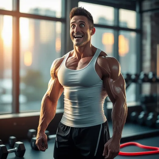 A muscular man stands in a gym. He is wearing a white tank top and black shorts. In the background, there are gym equipment like dumbbells and a red resistance band. The gym has large windows, and the lighting suggests early morning or late evening as sunlight streams in. The man's face is partially blurred. This image highlights physical fitness and bodybuilding, showcasing the man's muscular physique and the gym environment.