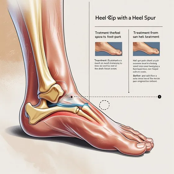 The image shows a detailed anatomical illustration of a human foot, focusing on the heel area. It highlights the presence of a heel spur, which is a bony growth on the underside of the heel bone. The image includes labels and descriptions of treatments for heel spurs