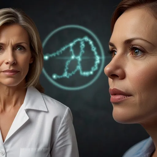 Two individuals, one in a white lab coat, in a medical or scientific setting. In the background, a glowing, stylized representation of a DNA double helix