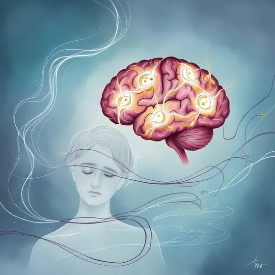 Artistic representation of a human brain with glowing neurons floating above a translucent outline of a human figure. The brain is depicted in shades of pink and purple, with bright yellow and white neurons interconnected by glowing lines. The background is a gradient of blue and teal, with swirling lines connecting the brain to the human figure below. The face of the human figure is obscured by a blurred square.