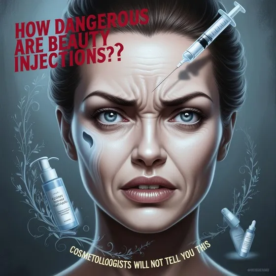 The image appears to be a promotional or informational graphic related to cosmetology or beauty treatments. It includes the following elements:\n\n1. A syringe is depicted near the top right corner.\n2. There are two bottles labeled \u0022Serum\u0022 and \u0022Cream\u0022 at the bottom right corner.\n3. Decorative floral elements are present on both sides of the image.\n4. The text \u0022HOW ARE IN\u0022 is visible in red on the left side.\n5. The text \u0022COSMETOLOGISTS WILL NOT TELL YOU\u0022 is visible at the bottom.\n\nThis image is likely discussing beauty treatments or products that cosmetologists might use or recommend