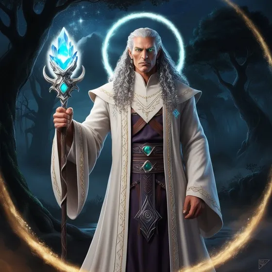 The image depicts a character dressed in elaborate, fantasy-style robes. The character is holding a staff with a glowing blue crystal at the top. The robes are white with gold embroidery, and the character has long, curly gray hair. The background shows a dark, mystical forest with a glowing halo-like ring behind the character's head, adding to the magical and ethereal atmosphere. The character's attire and the glowing staff suggest that this is a wizard or mage, making the image interesting for fans of fantasy genres.