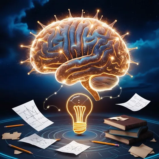 The image shows a glowing, illuminated brain hovering above a light bulb, symbolizing ideas and intelligence. Surrounding the light bulb are various papers with mathematical graphs and equations, pencils, and a stack of books, indicating a focus on learning, education, and problem-solving. The background is dark with a hint of a cloudy sky, making the glowing elements stand out prominently.