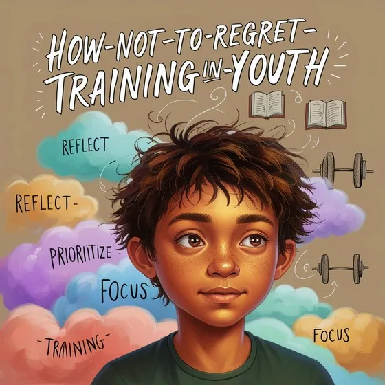 The image shows a person with text and illustrations around them. The text at the top reads 'HOW-NOT-TO-REGRET-TRAINING-IN-YOUTH.' Surrounding the person are various words and illustrations. The words include 'REFLECT,' 'PRIORITIZE,' 'FOCUS,' and 'TRAINING.' There are also illustrations of books and dumbbells, which likely symbolize studying and physical training, respectively. The background consists of colorful clouds. This image is interesting and relevant as it provides motivational advice for youth on how to approach training and personal development effectively.