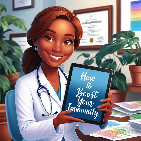 A person in a white coat, likely a healthcare professional, holding a tablet. The tablet displays the text 'How to Boost Your Immunity.' The background includes framed certificates on the wall and potted plants. The setting appears to be an office or a clinic