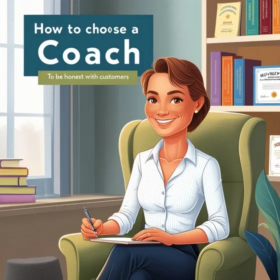 The image shows a person sitting in an armchair, holding a pen and writing in a notebook. The background includes a window with a stack of books on the windowsill and a bookshelf with various books and certificates. The text in the image reads:\n'How to choose a Coach: To be honest with customers