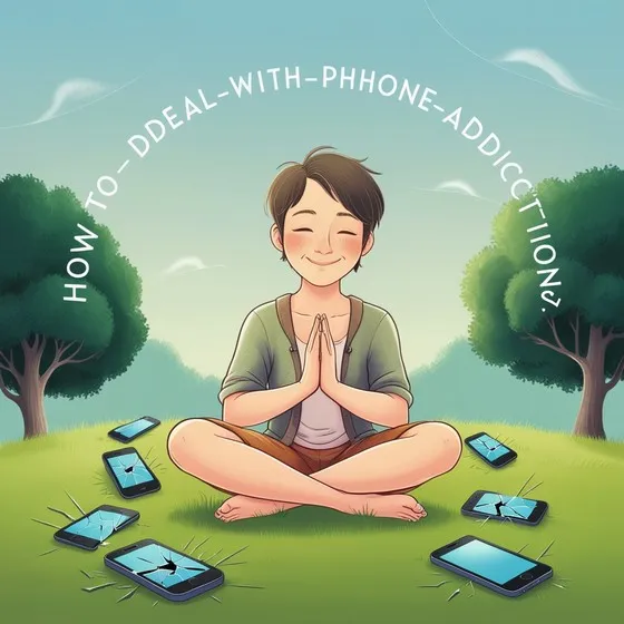 The image shows a person sitting cross-legged on the grass with hands in a prayer position. Surrounding the person are several smartphones with cracked screens. The background includes trees and a clear sky. The text in the image reads: 'HOW TO-DEAL-WITH-PHONE-ADDICTION?