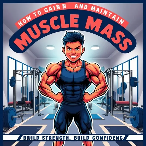 The image is a stylized illustration of a muscular person standing in a gym. The person is wearing a sleeveless shirt and shorts, showcasing well-defined muscles. The background features gym equipment such as weight racks, barbells, and benches. The text on the image reads:\n\n'HOW TO GAIN AND MAINTAIN MUSCLE MASS\nBUILD STRENGTH, BUILD CONFIDENCE.