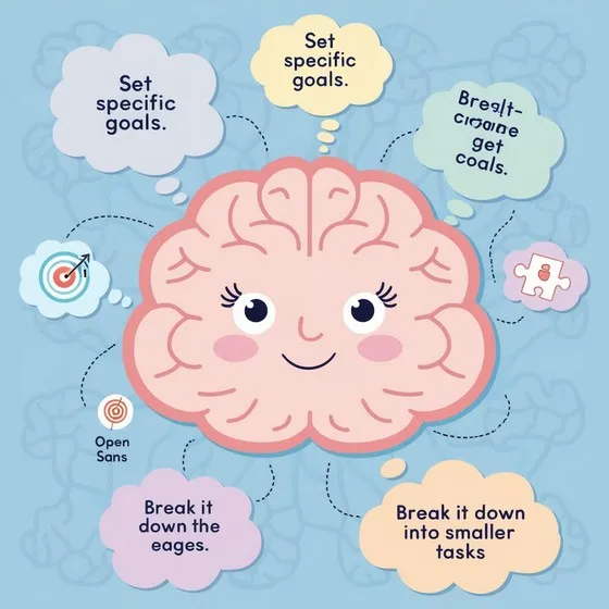 The image shows a cartoon illustration of a brain with a smiling face, surrounded by various thought bubbles and icons. The thought bubbles contain motivational phrases and tips for setting and achieving goals. The text in the thought bubbles reads: 1. 'Set specific goals.' 2. 'Set specific goals.' 3. 'Break it down into smaller tasks.' 4. 'Break it down the eages.' 5. 'Break it down into smaller tasks.' 6. 'Set specific goals.' 7. 'Break it down the eages.' There are also icons of a target with an arrow, a puzzle piece, and the text 'Open Sans' near the target icon. The background is light blue with faint outlines of brains.