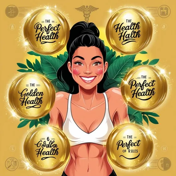 A stylized illustration of a person in a white sports bra with a fit physique, surrounded by golden circular elements. The background features green leaves. The golden circles contain text: 'The Perfect Health,' 'The Perfect of Rules,' and '6 Golden Health.