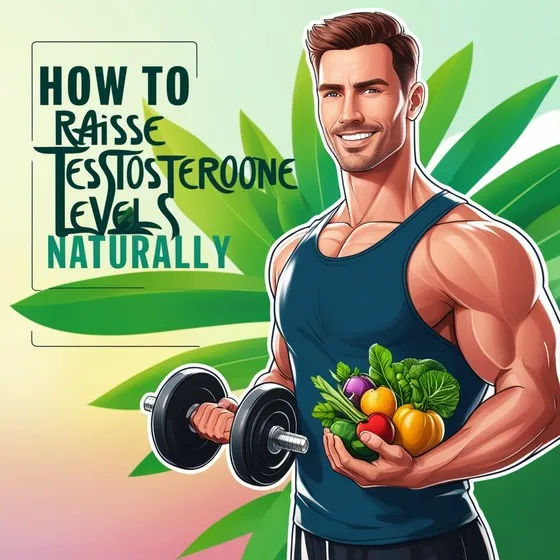 The image shows a muscular person holding a dumbbell in one hand and a variety of vegetables in the other hand. The background features large green leaves. The text on the image reads: 'HOW TO RAISE TESTOSTERONE LEVELS NATURALLY.