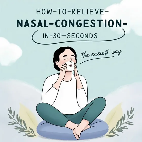 Illustration of a person sitting cross-legged on a cushion, demonstrating a method to relieve nasal congestion. The person is pressing on the sides of the nose with both hands. The background is light blue with clouds and leafy decorations. Text in the image reads: 'HOW-TO-RELIEVE-NASAL-CONGESTION-IN-30-SECONDS The easiest way.