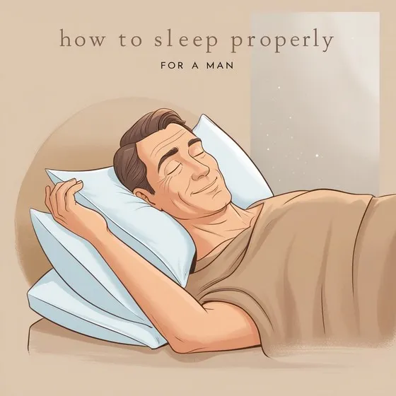 The image shows an illustration of a person lying in bed, resting on two pillows. The text at the top of the image reads, 'how to sleep properly for a man.' The person is covered with a blanket and appears to be in a comfortable sleeping position. The image is likely intended to provide guidance or tips on proper sleeping posture for men.