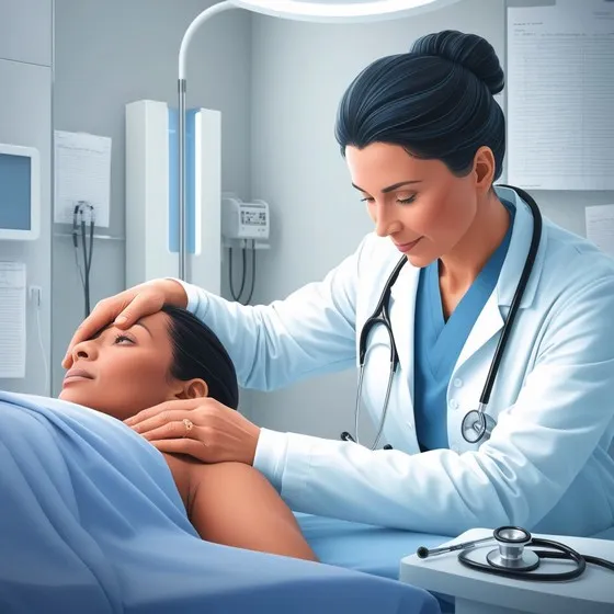 The image shows a medical professional, likely a doctor, examining a patient in a clinical setting. The doctor is wearing a white coat and has a stethoscope around their neck. The patient is lying on a bed, partially covered with a blue sheet. The doctor is using one hand to gently hold the patient's head, possibly to check for any abnormalities or to provide comfort. The room is equipped with medical equipment, including monitors and charts on the walls, indicating a well-equipped medical facility. This image is relevant as it depicts a common healthcare scenario, highlighting the interaction between a healthcare provider and a patient during a medical examination