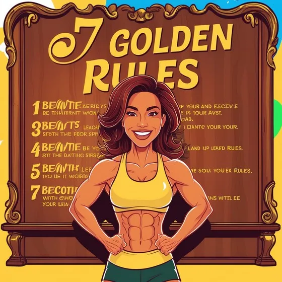 A muscular person standing in front of a wooden signboard with the title '7 GOLDEN RULES.' The person is wearing a yellow sports bra and green shorts, displaying a well-defined muscular physique