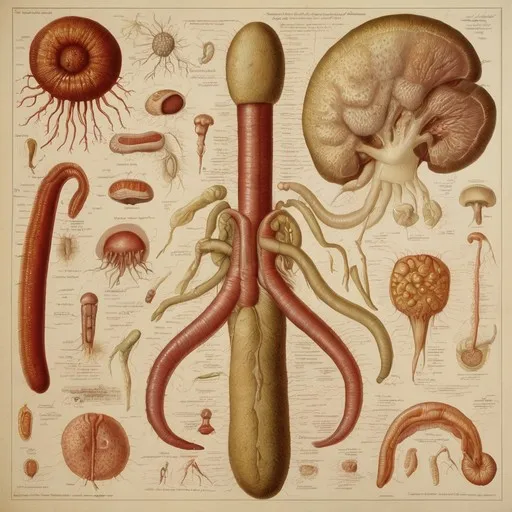 Detailed anatomical illustration showing various structures and organisms, likely from a biological or medical context. The central figure is a large, elongated structure with branching appendages, resembling a complex organ or organism. Surrounding it are numerous smaller illustrations of different anatomical parts or microorganisms, each labeled with scientific nomenclature