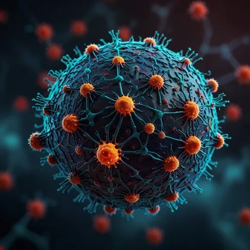 Detailed and colorful representation of a virus particle. The central spherical structure is covered with numerous spike-like projections. The main body of the virus is in dark blue, while the spikes are bright orange and teal. The background is blurred with additional virus particles visible