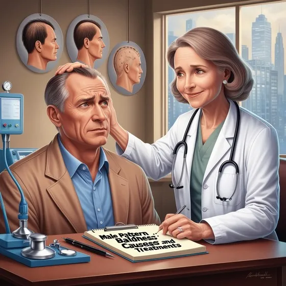 The image shows a medical consultation scene where a doctor is examining a patient's scalp. The doctor is wearing a white coat and has a stethoscope around the neck. The patient is seated and the doctor is touching the patient's head. On the wall behind them, there are diagrams illustrating different stages of male pattern baldness. On the desk in front of them, there is a book or document titled 'Male Pattern Baldness: Causes and Treatments.' There are also medical instruments and equipment on the desk, including a blood pressure monitor, a stethoscope, and a pen. The window in the background shows a cityscape with tall buildings