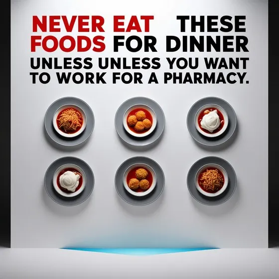 Bold text at the top reads: 'NEVER EAT THESE FOODS FOR DINNER UNLESS YOU WANT TO WORK FOR A PHARMACY.' Below the text, there are six plates of food arranged in two rows of three. The dishes include spaghetti, meatballs, and a dish with a white topping, possibly whipped cream or ice cream, all served on white plates with red sauce underneath