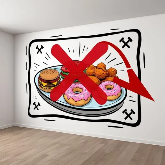 The image shows a wall with a large illustration of a plate containing a hamburger, fried chicken, and donuts. There is a large red X over the plate, indicating that these foods are not allowed or are being discouraged