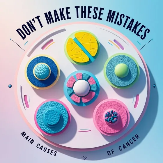 The image shows a circular arrangement of six colorful, abstract representations of cells or molecules, each with different textures and patterns. Above the circular arrangement, there is text that reads, 'DON'T MAKE THESE MISTAKES.' Below the circular arrangement, there is text that reads, 'MAIN CAUSES OF CANCER.' The image appears to be a visual representation aimed at highlighting the main causes of cancer, using artistic and colorful designs to draw attention.